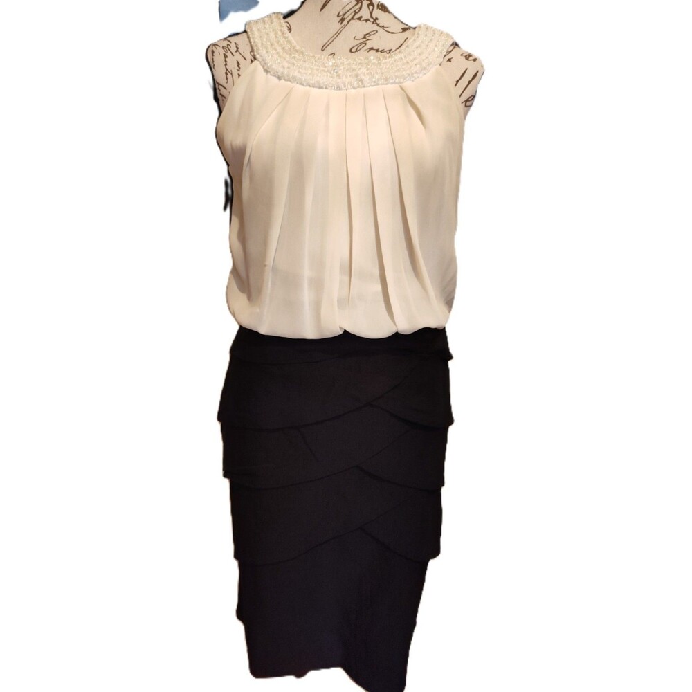 Formal Champagne & Black Evening Cocktail Dress w Beading & Scalloped Stretch S4